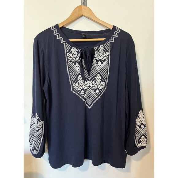 J Crew Navy White Embroidered Puff Sleeve Boho Peasant Blouse Size Medium - Picture 1 of 9